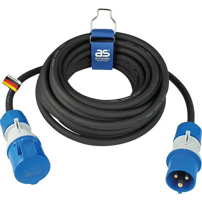 as-schwabe Verlängerungskabel H07RN-F 3G2,5 - 10 m, Schwarz, IP44, H07RN-F - Schwarzes Stromkabel mit blauem Stecker und Kupplung, aufgerollt und mit Klettband fixiert.