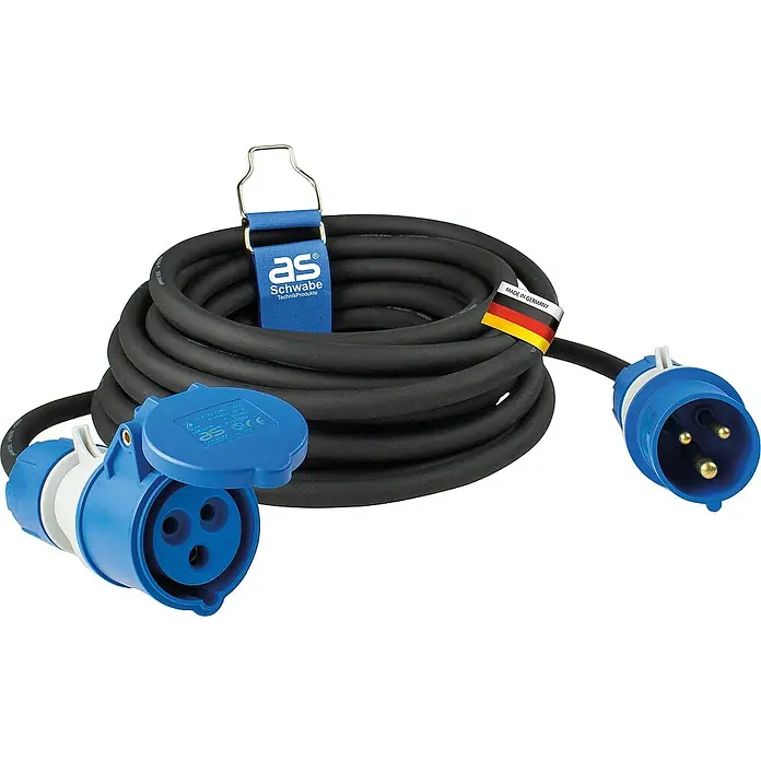 as-schwabe Verlängerungskabel H07RN-F 3G2,5 - 10 m, Schwarz, IP44, H07RN-F - Abbildung eines dreiphasigen Stromkabels von AS Schwabe mit blauen Steckern und einer Schlaufe zum Aufhängen, hergestellt in Deutschland.