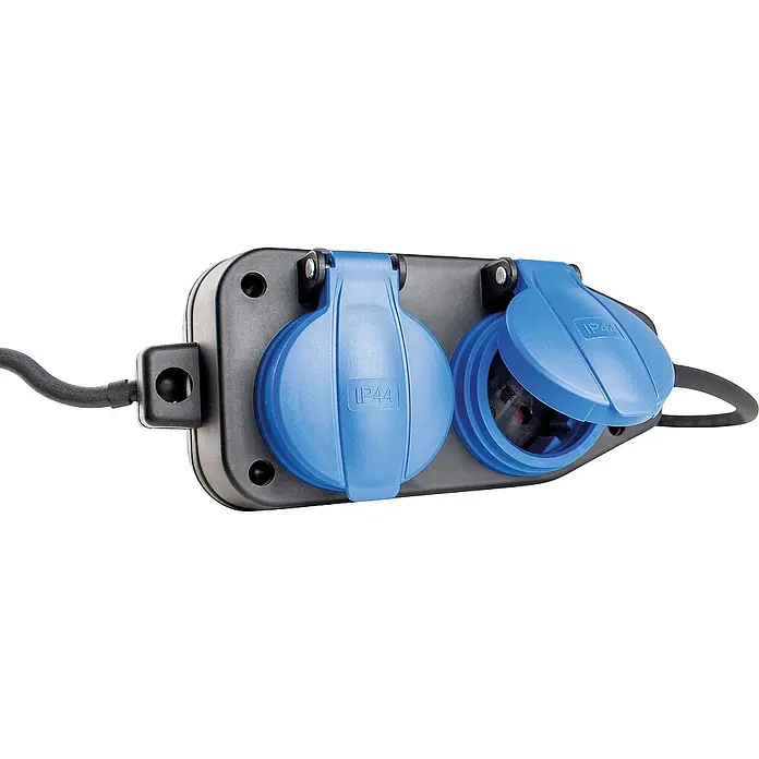 as-schwabe Verlängerungskabel H07RN-F 3G1,5 - 10 m, blau/schwarz, IP44, H07RN-F - Eine Doppelsteckdose mit blauen Klappdeckeln zum Schutz, ein robustes und praktisches Produkt für den Außenbereich.