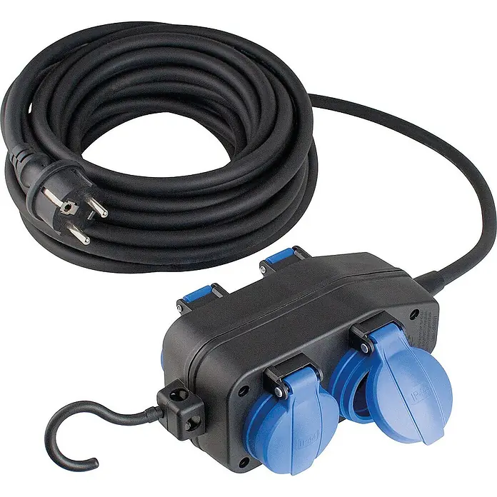 as-schwabe Verlängerungskabel H07RN-F 3G1,5 - 10 m, blau/schwarz, IP44, H07RN-F - Das Bild zeigt eine schwarze Kabeltrommel mit zwei blauen Steckdosen und einem Haken. Ideal für den Außenbereich und Baustellen.