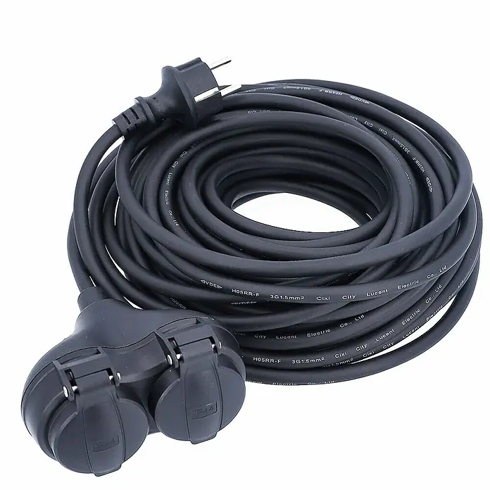 as-schwabe Verlängerungskabel H05RR-F 3G1,5 - 20 m, Schwarz, IP44, H05RR-F - Eine schwarze Kabeltrommel mit Schuko-Stecker und zwei Schutzkontakt-Steckdosen für den Einsatz im Freien.