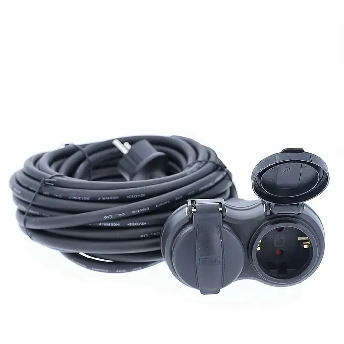 as-schwabe Verlängerungskabel H05RR-F 3G1,5 - 20 m, Schwarz, IP44, H05RR-F - Schwarze Steckdosenleiste mit Kabelaufwicklung. Die Steckdosenleiste hat zwei Steckplätze und ist mit Schutzklappen versehen.