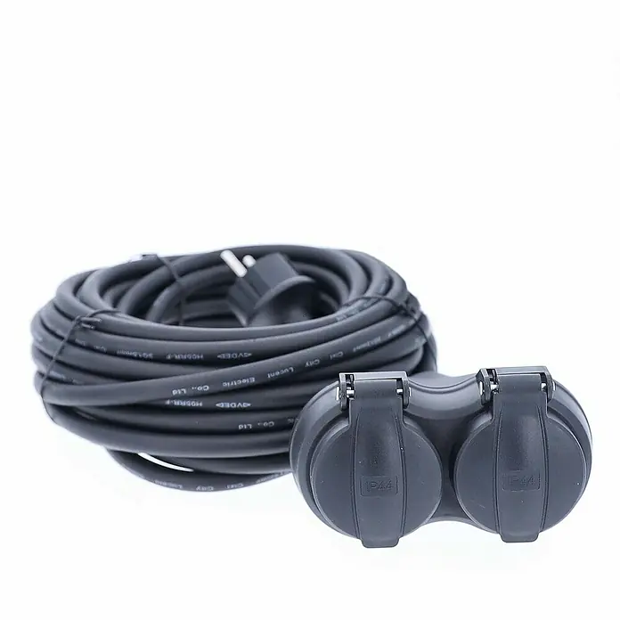 as-schwabe Verlängerungskabel H05RR-F 3G1,5 - 20 m, Schwarz, IP44, H05RR-F - Eine schwarze Kabeltrommel mit einem Doppelstecker für den Außenbereich, ideal für Gartenarbeit und Baustellen.