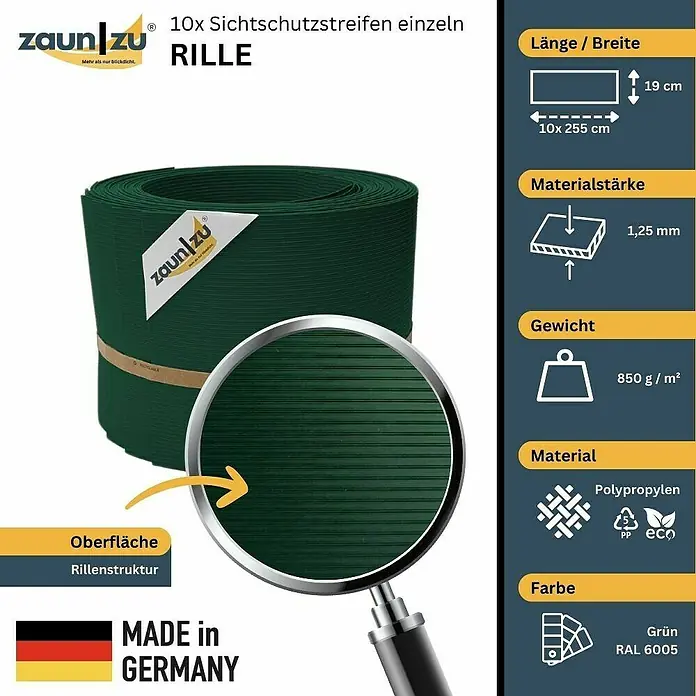 zaun|zu Sichtschutzstreifen Rille 10 x Einzelstreifen - 25,5 m x 19 cm x 0,1 cm, Grün - Produktbild: 10er Packung Zaunstreifen "Rille" in Grün, hergestellt in Deutschland, aus Polypropylen, mit Rillenstruktur und den Maßen 19 cm x 255 cm.