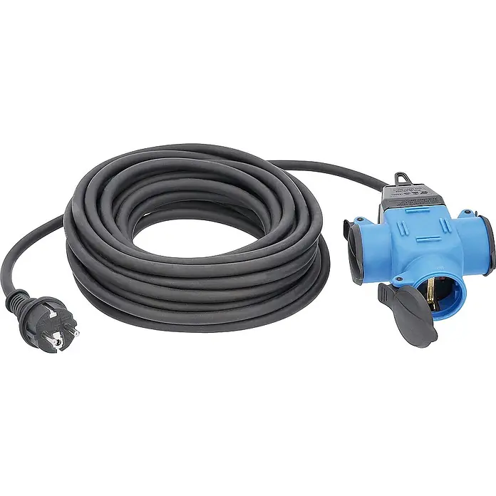 as-schwabe Verlängerungskabel H07RN-F 3G1,5 - 4,5 m, blau/schwarz, IP44, H07RN-F - Verlängerungskabel mit Stecker und Mehrfachsteckdose. Das Kabel ist aufgerollt und die Steckdose ist blau.