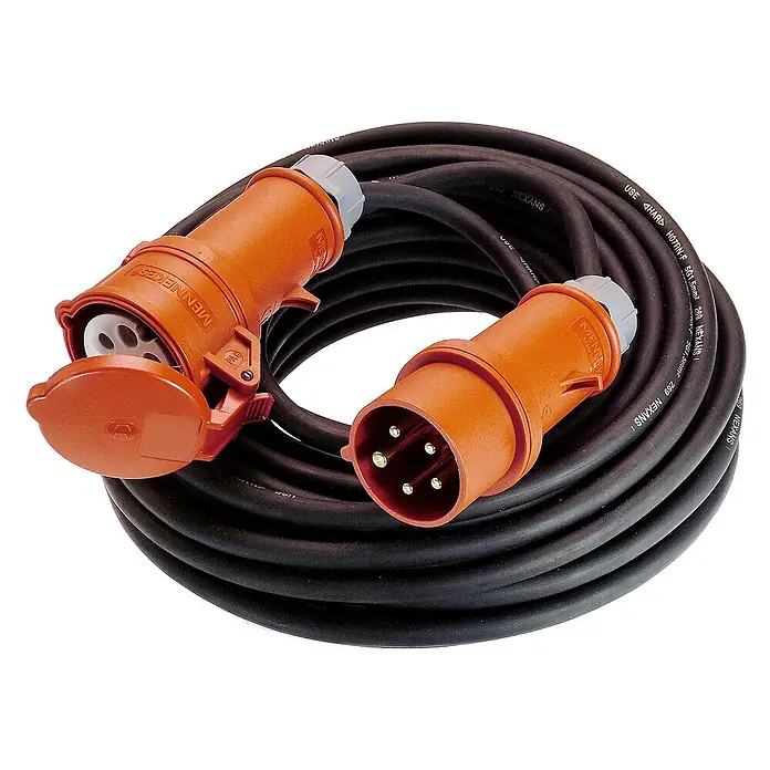 as-schwabe Verlängerungskabel H07RN-F 5G2,5 - 10 m, Schwarz, IP44, H07RN-F - Aufgerolltes, schwarzes Kabel mit orangefarbenen Industriesteckern an beiden Enden, einer davon mit geöffnetem Deckel.