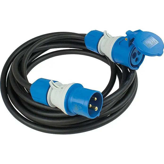 as-schwabe Verlängerungskabel H07RN-F 3G2,5 - 5 m, Schwarz, IP44, H07RN-F - Das Bild zeigt ein Verlängerungskabel mit robusten Industriesteckern in Blau und Grau, aufgerollt auf einer weißen Oberfläche.