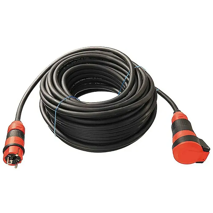 as-schwabe Verlängerungskabel H07RN-F 3G1,5 - 25 m, Schwarz/Rot, IP44, H07RN-F - Eine schwarze Kabeltrommel mit rotem Stecker und roter Buchse, aufgewickelt und mit blauen Kabelbindern fixiert.