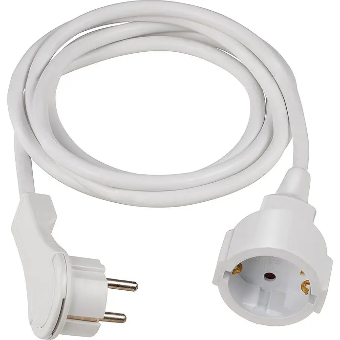 as-schwabe Verlängerungskabel H05VV-F 3G1,5 - 2 m, Weiß, IP20, H05VV-F - Dieses Bild zeigt ein weißes Verlängerungskabel mit einem Stecker an einem Ende und einer Buchse am anderen Ende. Das Kabel ist sauber gewickelt.