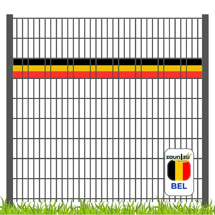 zaun|zu Sichtschutzstreifen Belgien - 2,55 m x 19 cm x 0,1 cm, Rot/Gelb/Schwarz, Schmal - Zaun mit belgischer Flagge. Der Zaun ist aus Metall und hat eine schwarze, gelbe und rote Flagge.