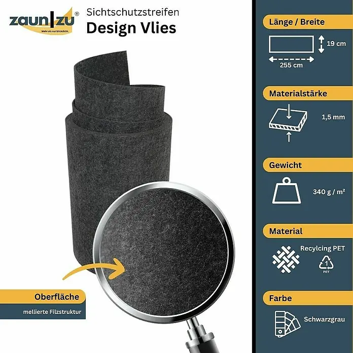 zaun|zu Sichtschutzstreifen Zaunzubehör Design DSM - 19 x 0,1 cm, Schwarzgrau - Produktbild eines anthrazitfarbenen Sichtschutzstreifens aus Recycling PET-Material mit Filzstruktur. Abmessungen: 255 cm x 19 cm, Stärke 1,5 mm.