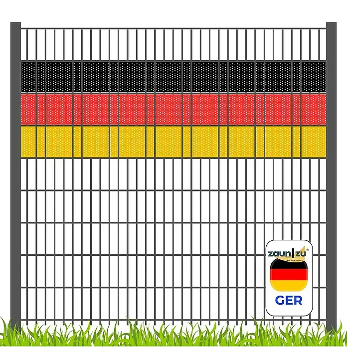 zaun|zu Sichtschutzstreifen Deutschland - 2,55 m x 19 cm x 0,1 cm, Schwarz/Rot/Gelb, Volle Streifenbreite Gelocht - Maschendrahtzaun mit Deutschland-Motiv als Sichtschutz und dem Schriftzug "GER" für eine stilvolle Gartengestaltung.