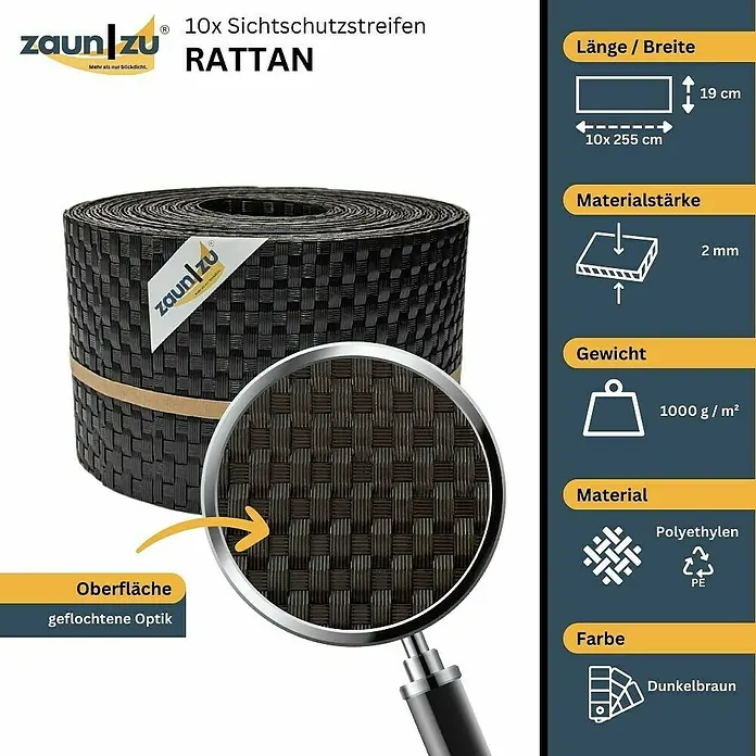 zaun|zu Sichtschutzstreifen Rattan 10 x Einzelstreifen - 25,5 m x 19 cm x 0,2 cm, Dunkelbraun - Zaunstreifen "Rattan" 10er-Pack: Dunkelbraune Sichtschutzstreifen mit geflochtener Optik. Länge 255cm, Höhe 19cm, Materialstärke 2mm, Gewicht 1000g/m², aus Polyethylen.
