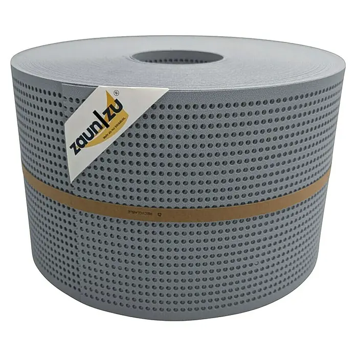zaun|zu Sichtschutzstreifen Premium Gelocht - 50 m x 19 cm x 0,1 cm, Fenstergrau - Graue Zaunfolie auf Rolle mit der Aufschrift "Zaunizu".