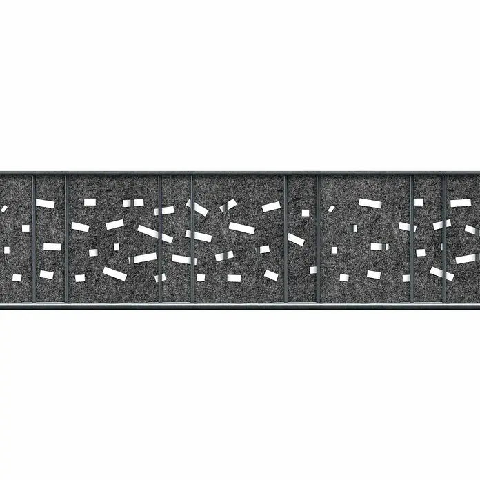 zaun|zu Sichtschutzstreifen Dekor Criss-Cross - 2,6 m x 19 cm x 0,2 cm, Anthrazit - Schallabsorbierende Wandpaneele mit grauer Filzoberfläche und weißen Akzenten, ideal für Büros oder Studios.