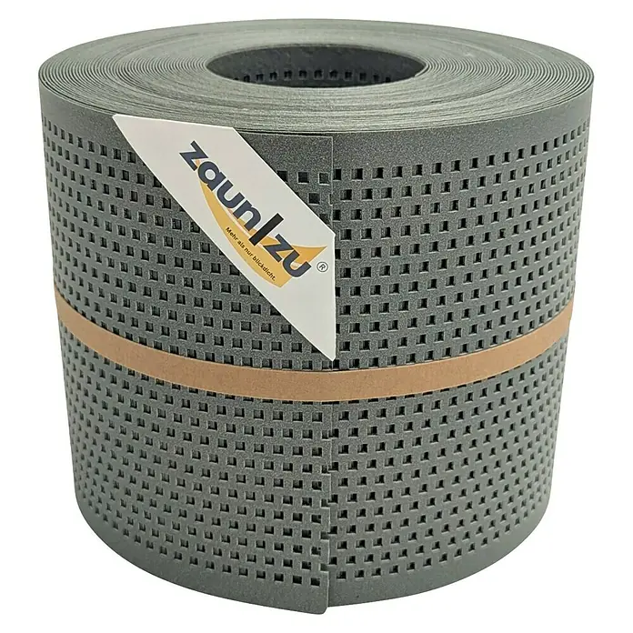 zaun|zu Sichtschutzstreifen Polyal Eco Quadratisch Gelocht - 26 m x 19 cm x 0,1 cm, Salbei - Zaunblende Sichtschutz Rolle aus Kunststoff in Grau mit kleinen Löchern und Firmenlogo für mehr Privatsphäre im Garten.