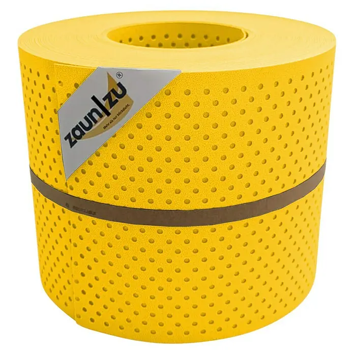 zaun|zu Sichtschutzstreifen Premium Gelocht 15% - 26 m x 19 cm x 0,1 cm, Gelb - Gelbe Zaunfolie auf Rolle mit braunem Band und Firmenlogo für mehr Privatsphäre.