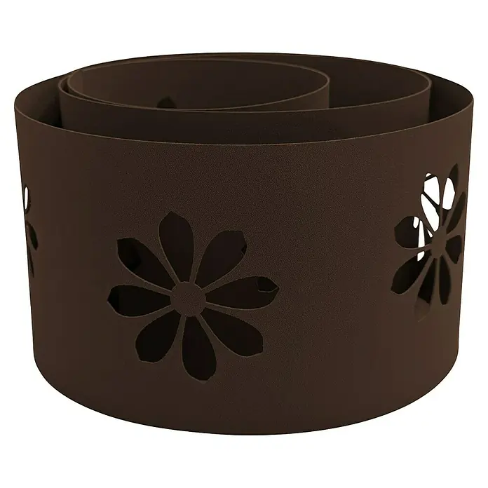zaun|zu Sichtschutzstreifen Premium - 19 x 0,1 cm, Braun, Sonnenblumen- Design - Ein dekorativer, brauner Pflanzkübel mit ausgestanzten Blumenmotiven, der sich spiralförmig nach oben windet und einen rustikalen Charme versprüht.