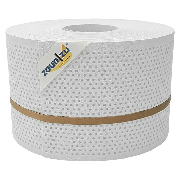 zaun|zu Sichtschutzstreifen Premium Gelocht 20% - 50 m x 19 cm x 0,1 cm, Weiß transluzent - Rolle Zaunfolie mit feinen Löchern und braunem Band zur Befestigung, ideal für Sichtschutz und Windschutz im Garten.