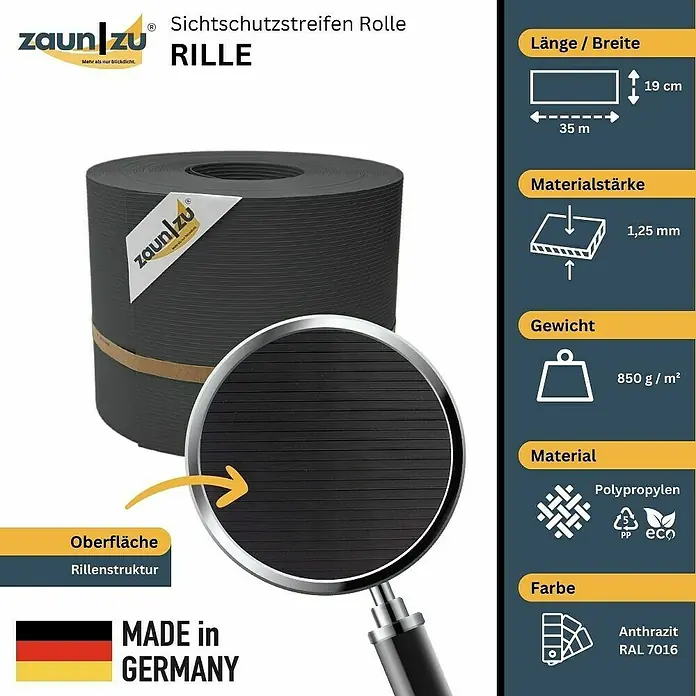 zaun|zu Sichtschutzstreifen Rille - 35 m x 19 cm x 0,1 cm, Anthrazit - Sichtschutzstreifen Rolle RILLE von Zaun zu: Anthrazitfarbene Zaunblende aus Polypropylen, 35 m lang und 19 cm breit, für mehr Privatsphäre.