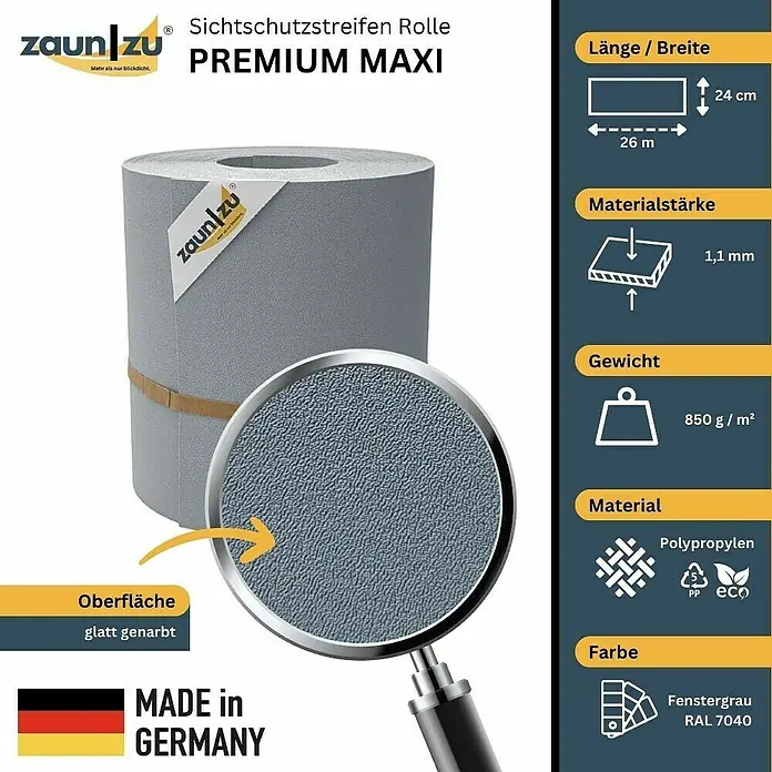 zaun|zu Sichtschutzstreifen Premium Maxi - L x B x H: 26 m x 24 cm x 0,1 cm, Fenstergrau - Produktbild einer Sichtschutzstreifen-Rolle "Premium Maxi" von ZaunZu, Länge 26m, Farbe Fenstergrau RAL 7040, aus Polypropylen.