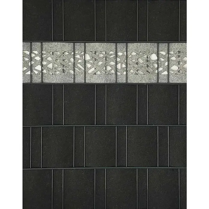 zaun|zu Sichtschutzstreifen Design Graphic - 2,6 m x 19 cm x 0,1 cm, Hellgrau - Nahaufnahme eines Wandpaneels mit abwechselnd schwarzen und grauen Kacheln, die durch feine Metalllinien getrennt sind und ein modernes Design zeigen.