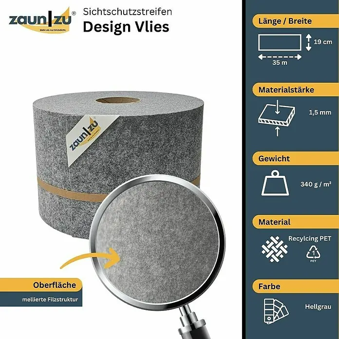 zaun|zu Sichtschutzstreifen Design Hellgrau - 35 m x 19 cm x 0,2 cm, Hellgrau, 1 Stk. - Sichtschutzstreifen Design Vlies von Zaun zu. Die Rolle ist hellgrau und hat eine mellierte Filzstruktur. Länge 35 m, Breite 19 cm.