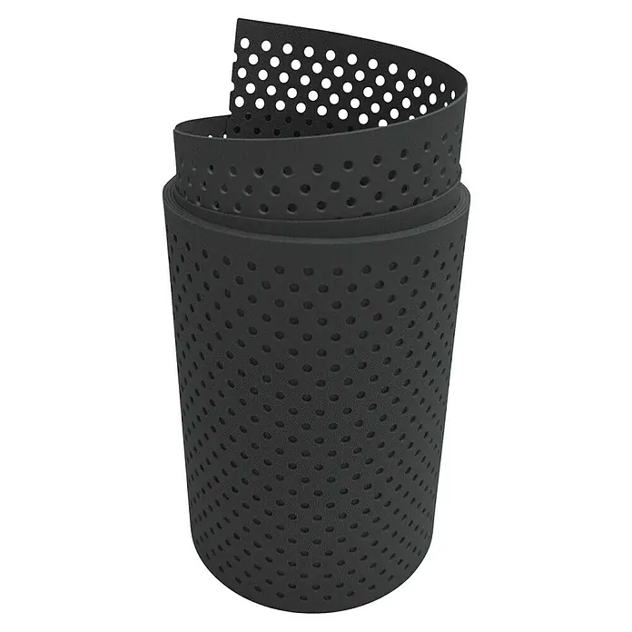 zaun|zu Sichtschutzstreifen Premium Gelocht 15% - 2,55 m x 19 cm x 0,1 cm, Anthrazit - Nahaufnahme eines gewickelten, perforierten, flexiblen Gummibands. Ideal zur Abdichtung und Schalldämmung.