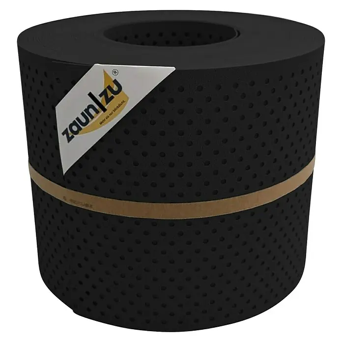 zaun|zu Sichtschutzstreifen Premium Gelocht 15% - 26 m x 19 cm x 0,1 cm, Tiefschwarz - Produktaufnahme einer Zaunblende von "zaun/zu" in Schwarz, aufgerollt und mit einem beigen Band zusammengehalten.