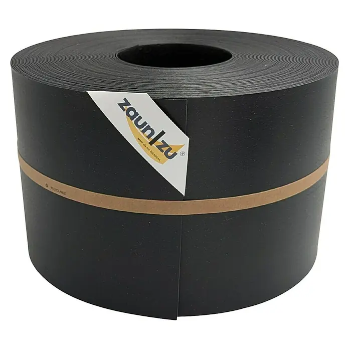 zaun|zu Sichtschutzstreifen Eco - 50 m x 19 cm x 0,1 cm, Schwarz, 1 Stk. - Aufgerollte Zaunfolie von Zaun/zu mit braunem Band und Etikett. Die Folie ist schwarz und blickdicht.
