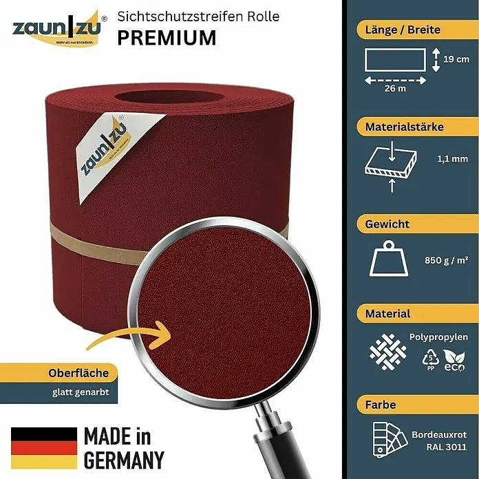 zaun|zu Sichtschutzstreifen Premium DSM - 26 m x 19 cm x 0,1 cm, Bordeauxrot - Sichtschutzstreifen Rolle "Premium" in Bordeauxrot (RAL 3011) aus Polypropylen. Länge 26m, Breite 19cm, Materialstärke 1,1mm, Gewicht 850g/m², glatte Oberfläche.