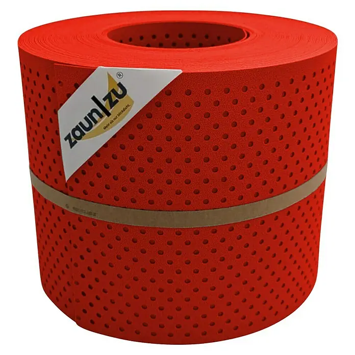 zaun|zu Sichtschutzstreifen Premium Gelocht 15% - 26 m x 19 cm x 0,1 cm, Rot - Rolle roter Zaunfolie von ZaunZu. Sichtschutzfolie zur einfachen Montage am Gartenzaun bietet mehr Privatsphäre.