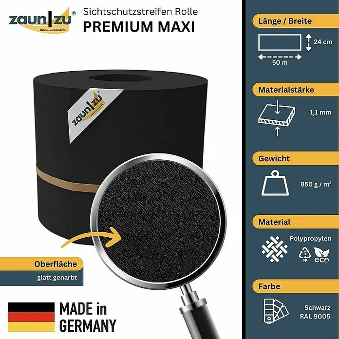 zaun|zu Sichtschutzstreifen Premium Maxi - L x B x H: 50 m x 24 cm x 0,1 cm, Tiefschwarz - Das Bild zeigt eine Rolle Zaun zu Premium Maxi Sichtschutzstreifen, ein schwarzes Polypropylen-Produkt "Made in Germany".