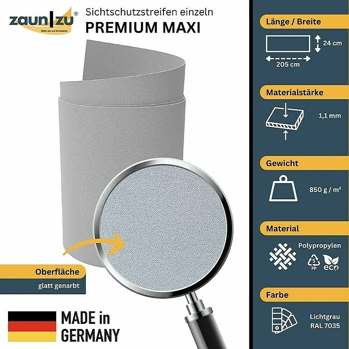 zaun|zu Sichtschutzstreifen Premium Maxi - L x B x H: 2,05 m x 24 cm x 0,1 cm, Lichtgrau - Bild einer Sichtschutzstreife Premium Maxi, hellgrau, aus Polypropylen, mit glatter Narbung, 205 cm lang und 24 cm breit, hergestellt in Deutschland.