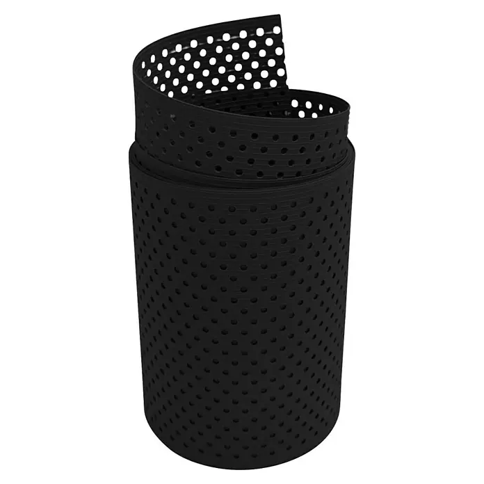 zaun|zu Sichtschutzstreifen Rille Gelocht 15% - 2,55 m x 19 cm x 0,1 cm, Tiefschwarz - Draufsicht auf eine gerollte, perforierte schwarze Dichtung, die als Barriere für Insekten und Nagetiere dient.