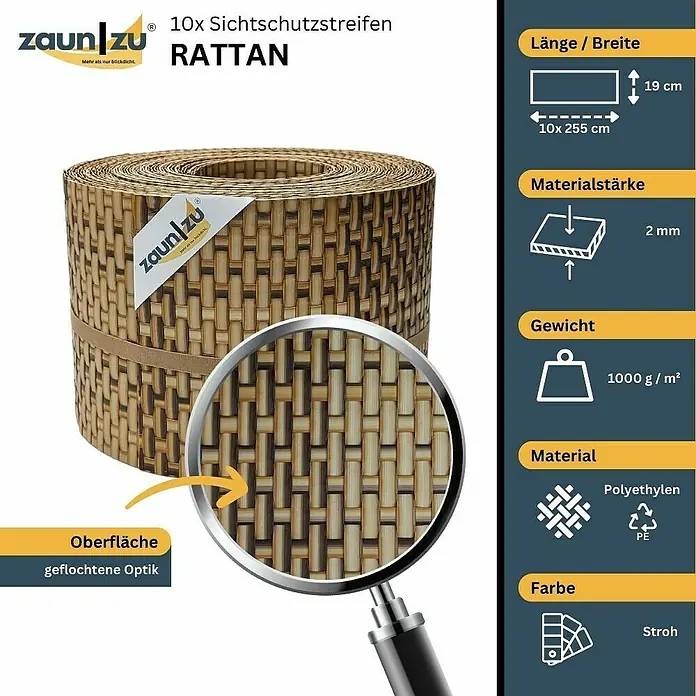 zaun|zu Sichtschutzstreifen Rattan 10 x Einzelstreifen - 25,5 m x 19 cm x 0,2 cm, Natur (Stroh) - Produktbild von 10 Zaunstreifen in Rattan-Optik. Die Streifen sind 19 cm hoch und haben eine Materialstärke von 2 mm. Farbe: Stroh.