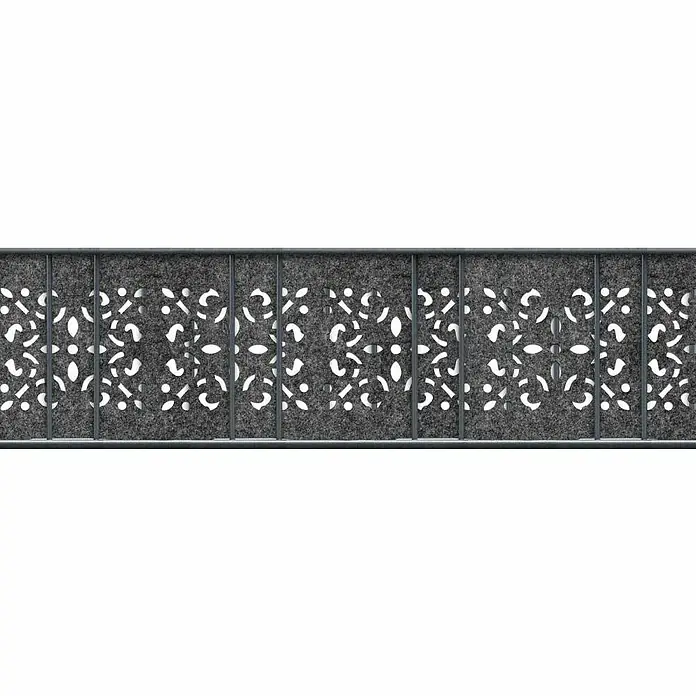 zaun|zu Sichtschutzstreifen Ornament - 2,6 m x 19 cm x 0,2 cm, Anthrazit - Grauer Raumteiler mit floralem Muster, um eine stilvolle und praktische Trennung zu schaffen. Das Design bietet Privatsphäre und ist dekorativ.