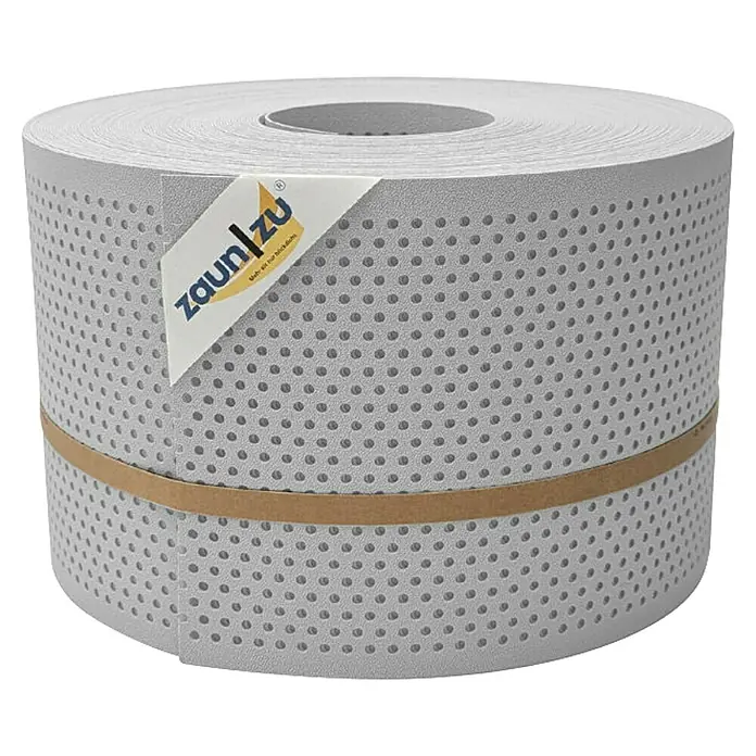 zaun|zu Sichtschutzstreifen Premium Gelocht 20% - 50 m x 19 cm x 0,1 cm, Lichtgrau - Rolle Zaunfolie mit Löchern und braunem Band. Ideal für Sichtschutz und Windschutz im Garten.