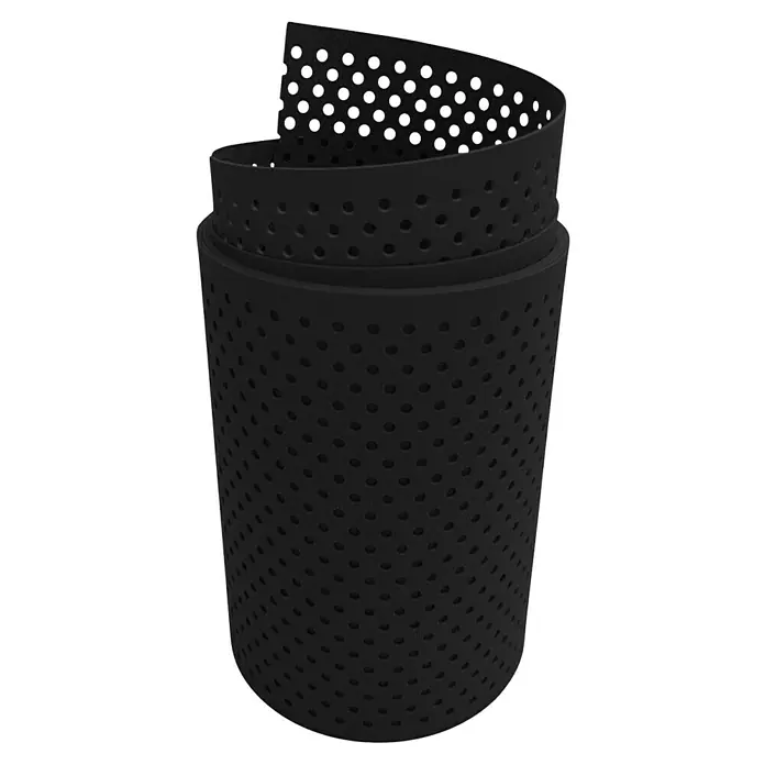 zaun|zu Sichtschutzstreifen Premium Gelocht 15% - 2,55 m x 19 cm x 0,1 cm, Tiefschwarz - Detailaufnahme eines schwarzen, perforierten Wickelbandes, ideal für Sportgriffe oder Werkzeuge. Bietet Halt und Komfort.
