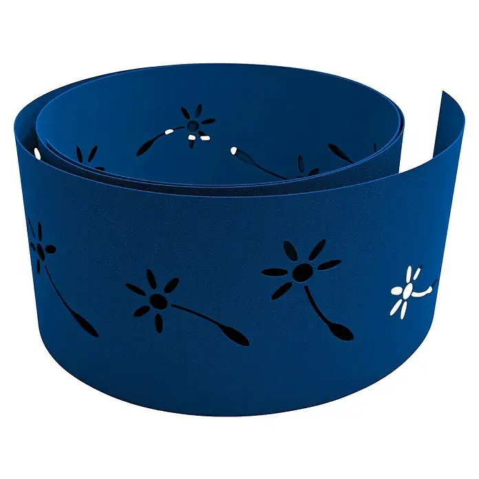 zaun|zu Sichtschutzstreifen Premium Pusteblumen Design - 2,55 m x 19 cm x 0,1 cm, Enzianblau - Gerollter, blauer Blumenbeet-Umrandung mit ausgeschnittenen Blumen-Motiven, die jedem Garten einen eleganten Touch verleiht.