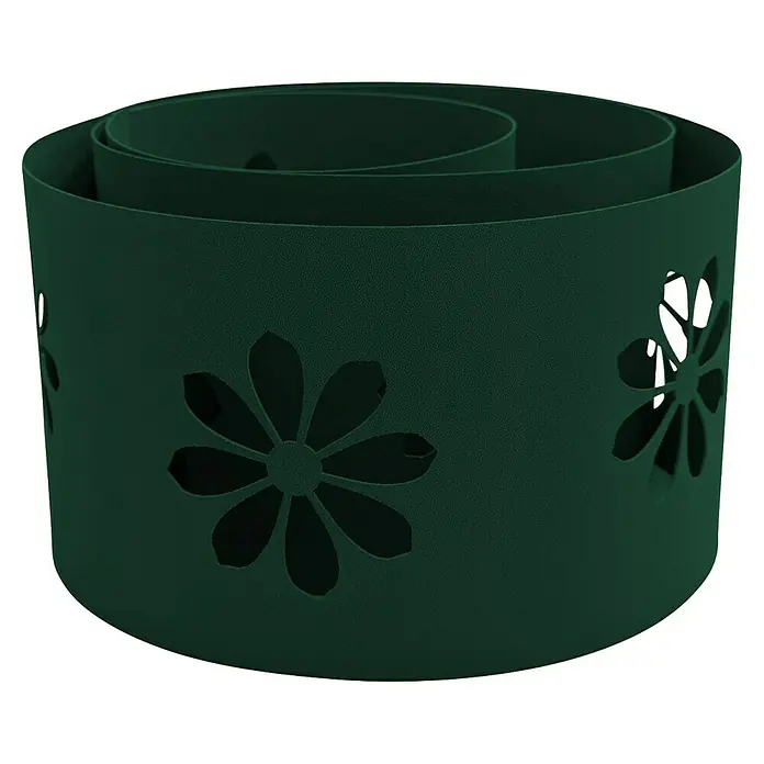 zaun|zu Sichtschutzstreifen Premium - 19 x 0,1 cm, Grün, Sonnenblumen- Design - Diese Nahaufnahme zeigt einen grünen Pflanztopf mit gestanzten Blumenmustern, der ein elegantes, spiralförmiges Design aufweist.