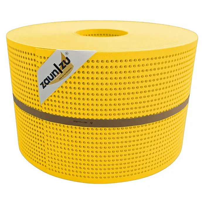 zaun|zu Sichtschutzstreifen Premium Gelocht - 50 m x 19 cm x 0,1 cm, Gelb - Gelbe Zaunfolie auf Rolle mit braunem Band und Logoaufkleber. Ideal für Sichtschutz und Gartengestaltung.