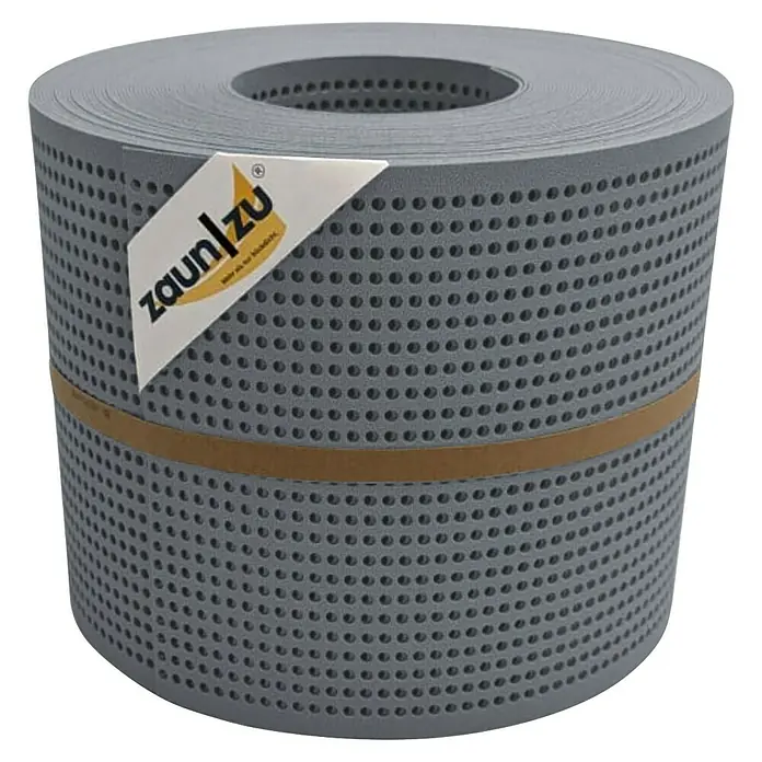 zaun|zu Sichtschutzstreifen Premium Gelocht - 26 m x 19 cm x 0,1 cm, Fenstergrau - Die Zaunfolie "Zaun/zu" in Grau auf einer Rolle mit perforierten Löchern ist ein praktischer Sichtschutz für Zäune.