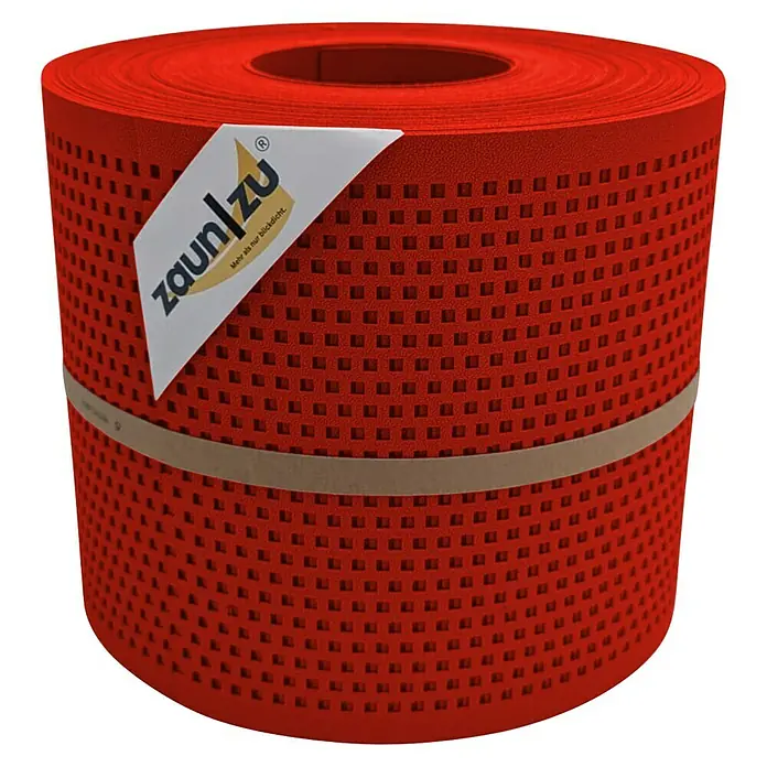 Sichtschutzstreifen Zaun|Zu Quadratisch - 26 m x 19 cm x 0,1 cm, Rot - Rolle roter Zaunfolie mit quadratischen Löchern und Papierbanderole mit dem Firmenlogo. Ideal zum Verkleiden von Zäunen.
