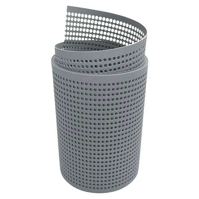 zaun|zu Sichtschutzstreifen Premium Gelocht - 2,55 m x 19 cm x 0,1 cm, Fenstergrau - Grauer, perforierter Pool-Skimmerkorb. Der Korb ist zylindrisch und weist eine Vielzahl von Löchern auf, die das Filtern ermöglichen.