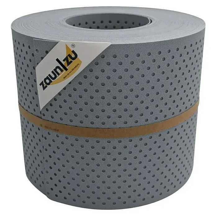 zaun|zu Sichtschutzstreifen Premium Gelocht 15% - 26 m x 19 cm x 0,1 cm, Fenstergrau - Graue Sichtschutzrolle mit Löchern und "zaun|zu"-Logo, ideal für den Zaun. Ein praktischer und stilvoller Wind- und Sichtschutz.