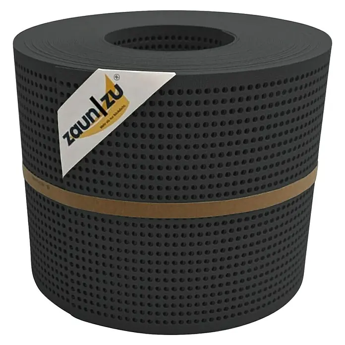 zaun|zu Sichtschutzstreifen Premium Gelocht - 26 m x 19 cm x 0,1 cm, Anthrazit - Rolle Zaunfolie in Anthrazit mit gelbem Firmenlogo. Die Zaunfolie ist aufgerollt und mit einem braunen Band zusammengehalten.