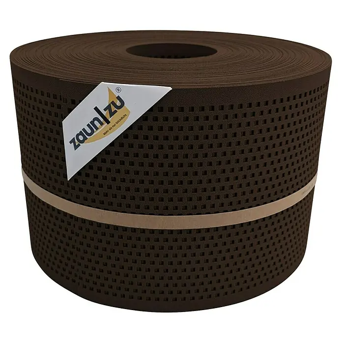Sichtschutzstreifen Zaun|Zu Quadratisch - 50 m x 19 cm x 0,1 cm, Braun - Rolle Zaunfolie in Braun mit quadratischen Öffnungen und einem Etikett, ideal für Sichtschutz und Gartengestaltung.