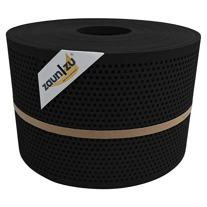 Sichtschutzstreifen Zaun|Zu Quadratisch - 50 m x 19 cm x 0,1 cm, Schwarz - Eine Rolle blickdichter Zaunfolie in Schwarz mit dem Firmenlogo. Ideal für mehr Privatsphäre im Garten.