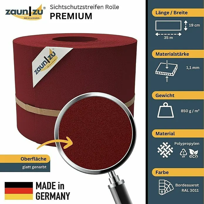 zaun|zu Sichtschutzstreifen Premium 35 m Rolle - 35 m x 19 cm x 0,1 cm, Bordeauxrot - Zaunstreifen Rolle Premium: Sichtschutz aus Polypropylen, bordeauxrot, 35 m Länge, 19 cm Breite, glatt genarbt und Made in Germany.